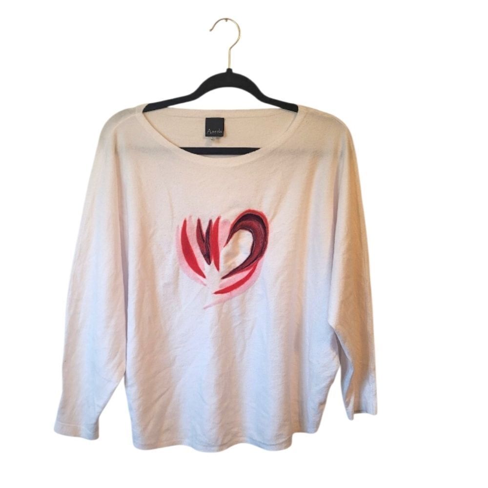 Aaeda Women's White Washed Wool Heart Sweater Size XL